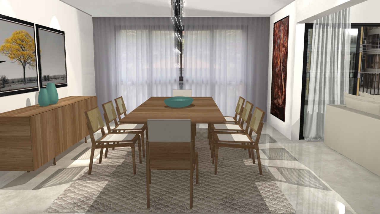 Visualização 3D de ambiente com mesas e cadeiras sofisticadas